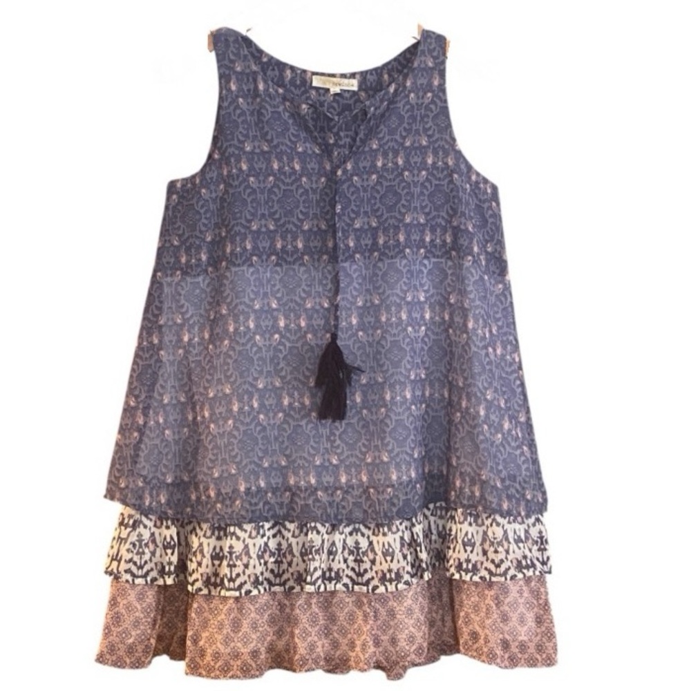 Rewind Boho Tiered Tassel Mini Dress Blue Cream Sleeveless Medium M